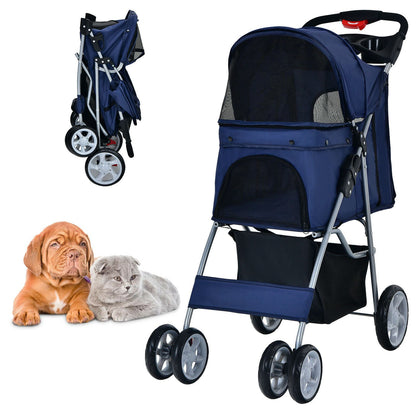 4-Wheel Folding Pet Stroller with Storage Basket and Adjustable Canopy System