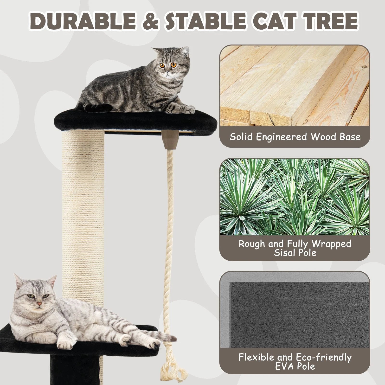 Multi-Tiered Cat Climbing Tower with Grooming Brush and Sisal Rope