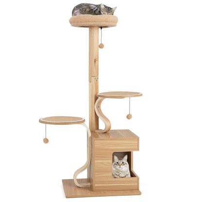 51-Inch Premium Wooden Cat Tree with Durable Solid Wood Post and Curved Plywood Frame