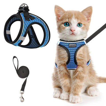 Escape-Proof Cat Harness and Leash Set - Adjustable Reflective Soft Mesh Vest for Kittens and Puppies, Comfortable Fit for Outdoor Walking, Easy Control and Durability