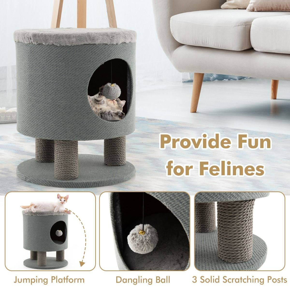 Indoor Cat Condo Stool with Scratching Posts and Plush Toy Ball