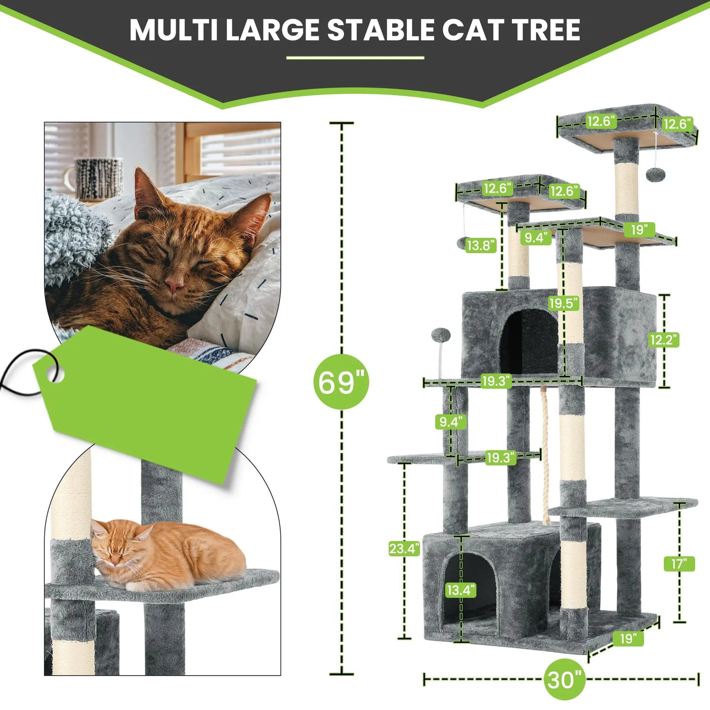 Wecharmer Indoor Cat Tree Tower with Plush Condo, Scratching Posts, and Hanging Ball - Ideal Pet Furniture with Green Leaf Design