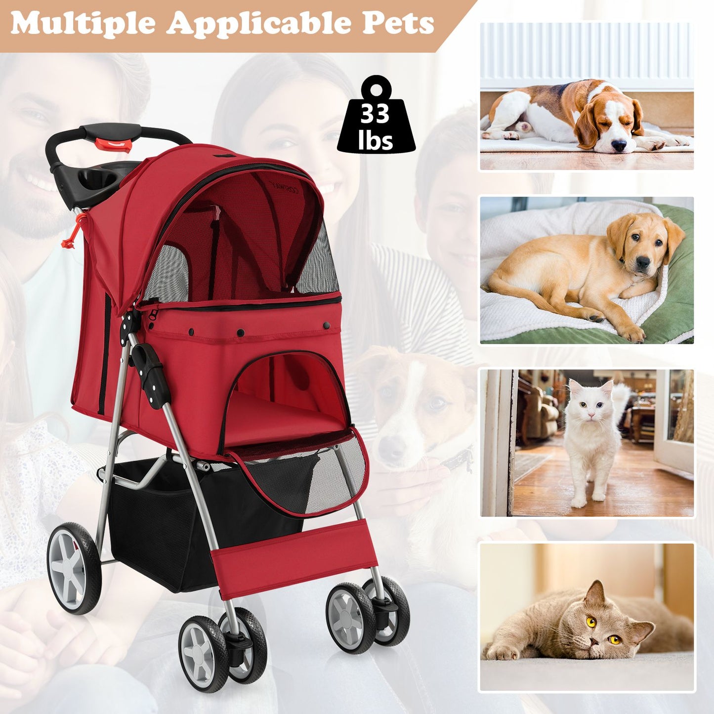 4-Wheel Folding Pet Stroller with Storage Basket and Adjustable Canopy System