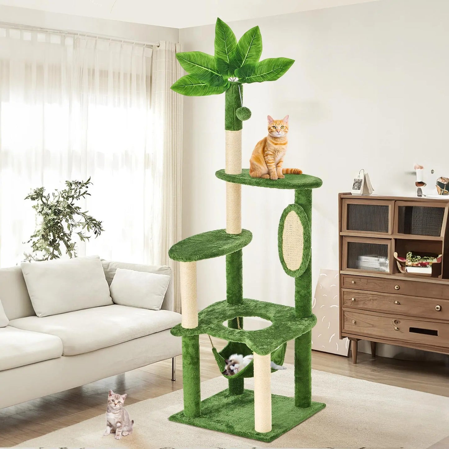 Wecharmer Indoor Cat Tree Tower with Plush Condo, Scratching Posts, and Hanging Ball - Ideal Pet Furniture with Green Leaf Design