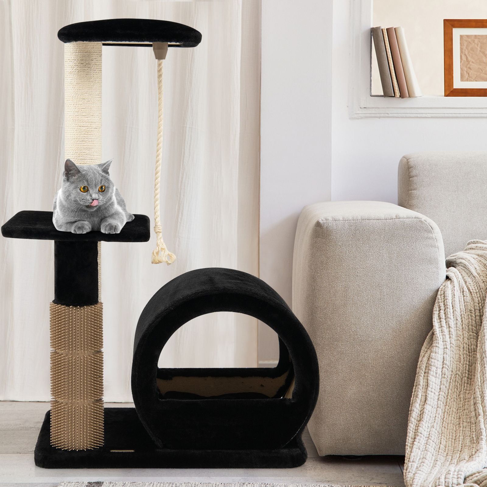 Multi-Tiered Cat Climbing Tower with Grooming Brush and Sisal Rope
