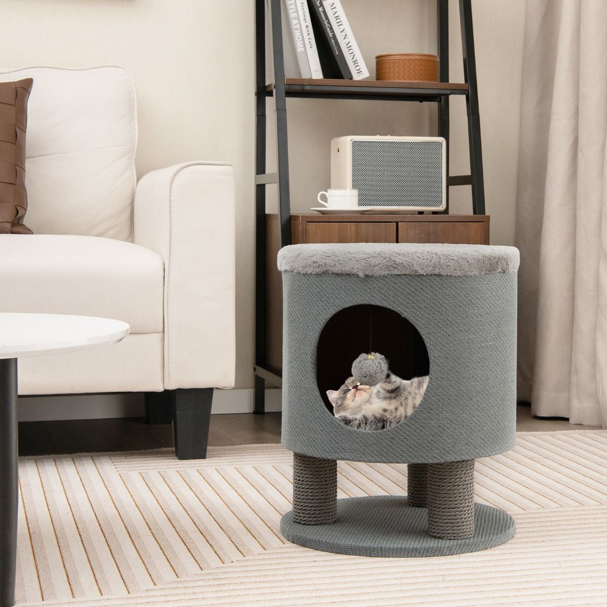 Indoor Cat Condo Stool with Scratching Posts and Plush Toy Ball