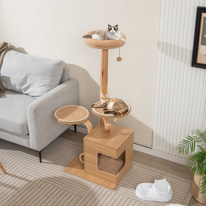 51-Inch Premium Wooden Cat Tree with Durable Solid Wood Post and Curved Plywood Frame