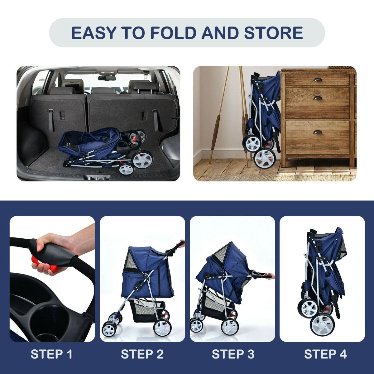 4-Wheel Folding Pet Stroller with Storage Basket and Adjustable Canopy System