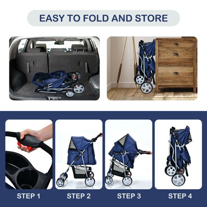 4-Wheel Folding Pet Stroller with Storage Basket and Adjustable Canopy System