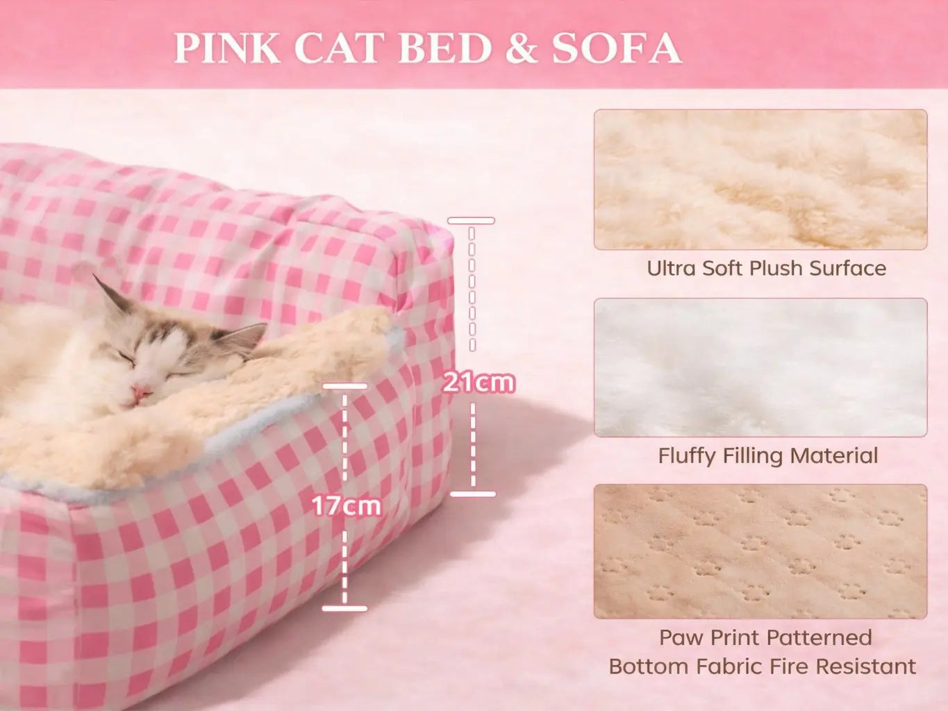 2026 Aesthetic Pink Gingham Plush Cat Sofa Bed - Orthopedic and Calming Fleece Lounger for Cats and Small Dogs