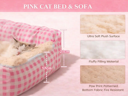 2026 Aesthetic Pink Gingham Plush Cat Sofa Bed - Orthopedic and Calming Fleece Lounger for Cats and Small Dogs