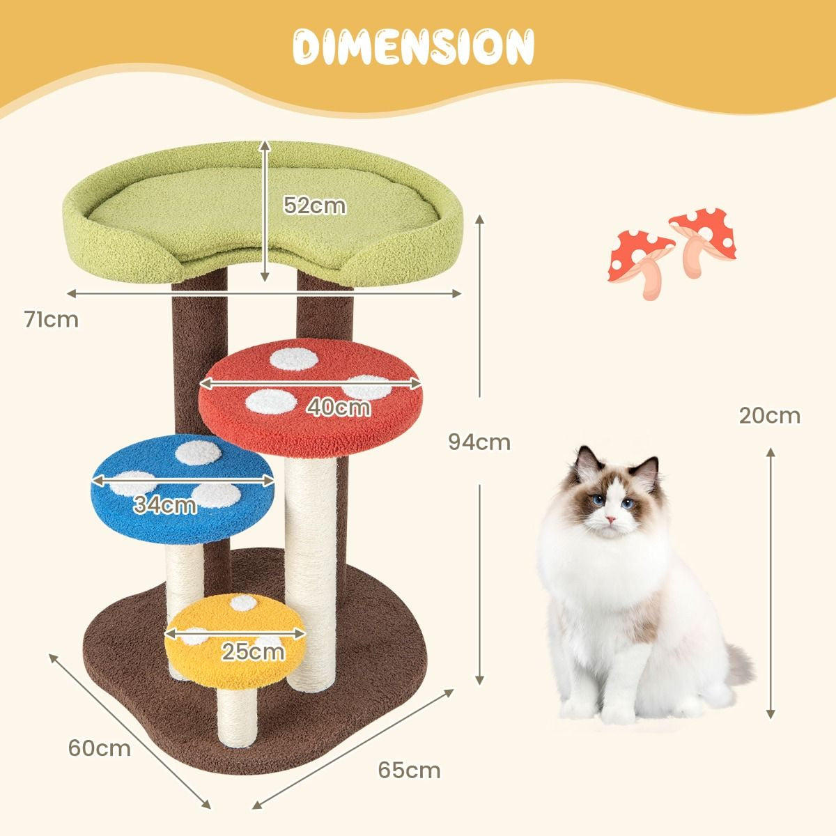3-in-1 Cat Tree Featuring Three Fully Wrapped Sisal Posts with Removable Mat and Platforms