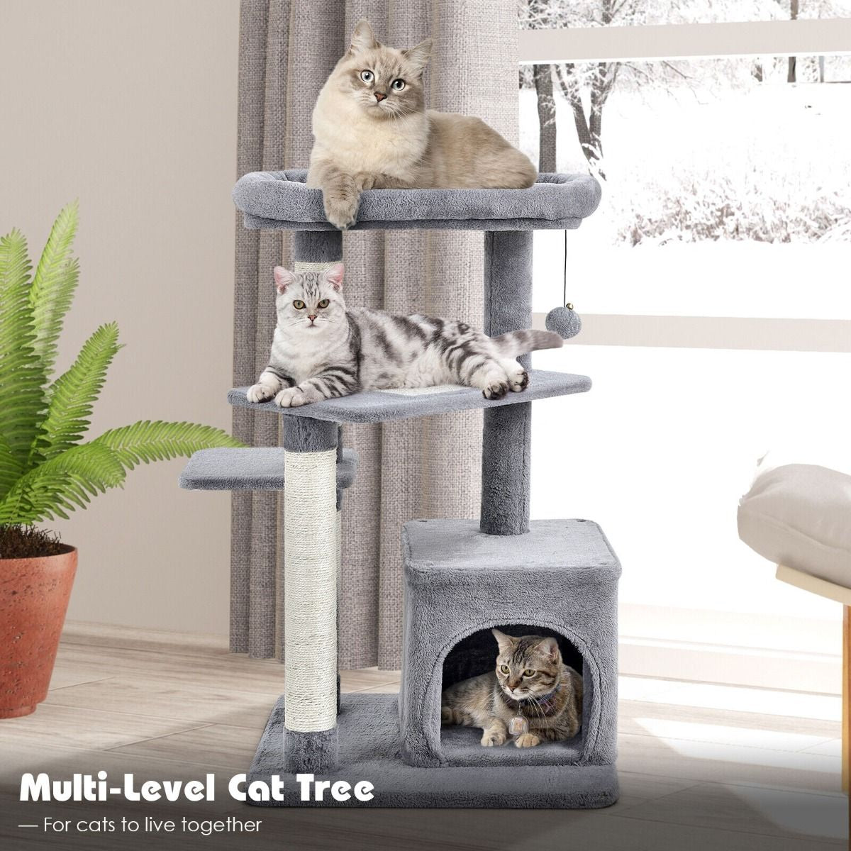 4-Tier Cat Tree with Scratching Posts and Interactive Dangling Ball