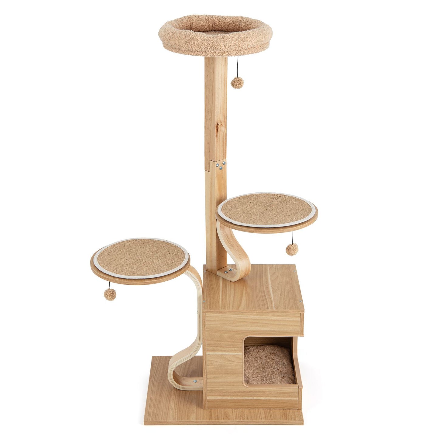 51-Inch Premium Wooden Cat Tree with Durable Solid Wood Post and Curved Plywood Frame