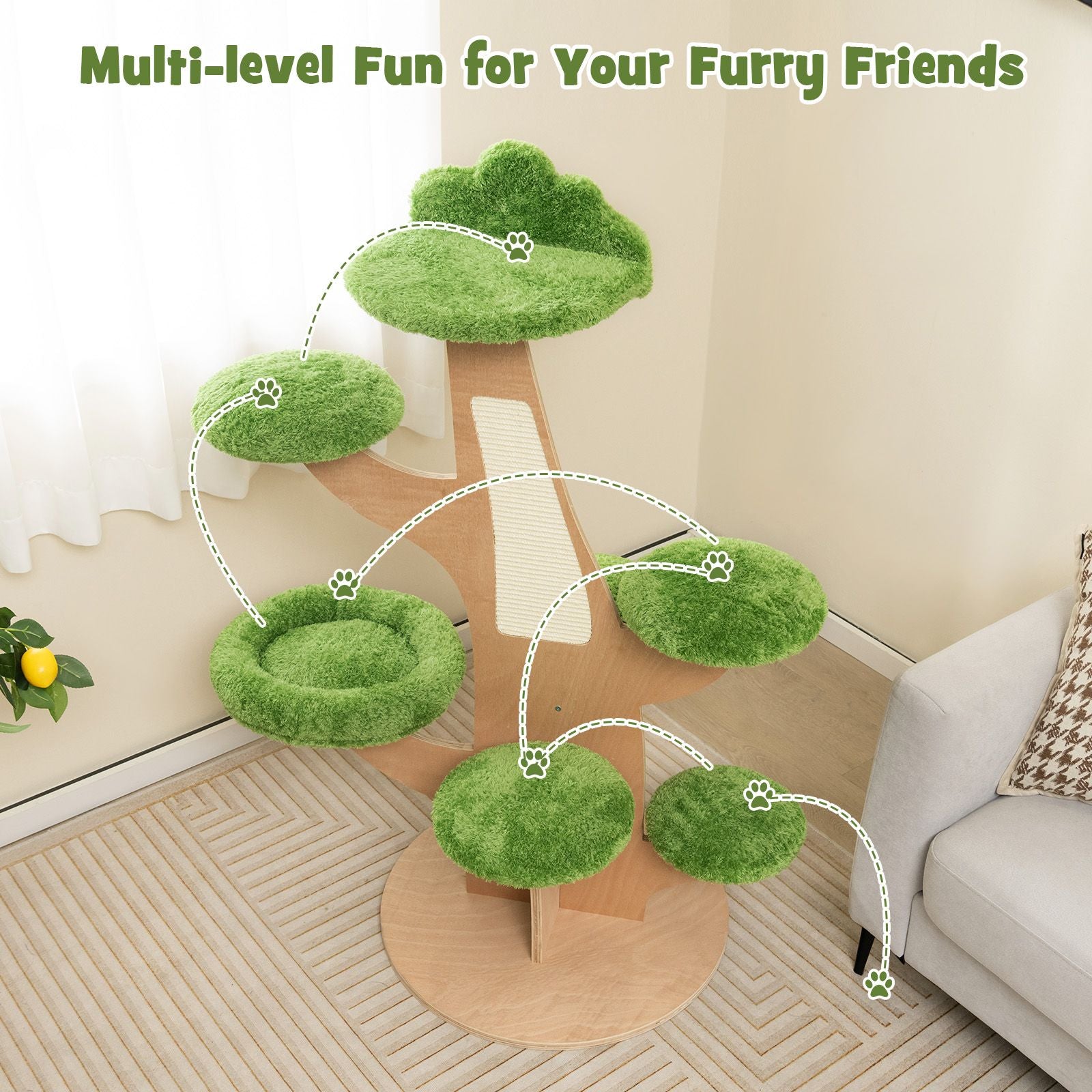 128 cm Multi-Level Pine Cat Tower with Sisal Scratching Board