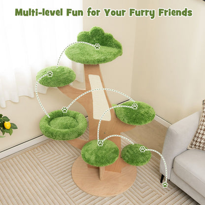 128 cm Multi-Level Pine Cat Tower with Sisal Scratching Board