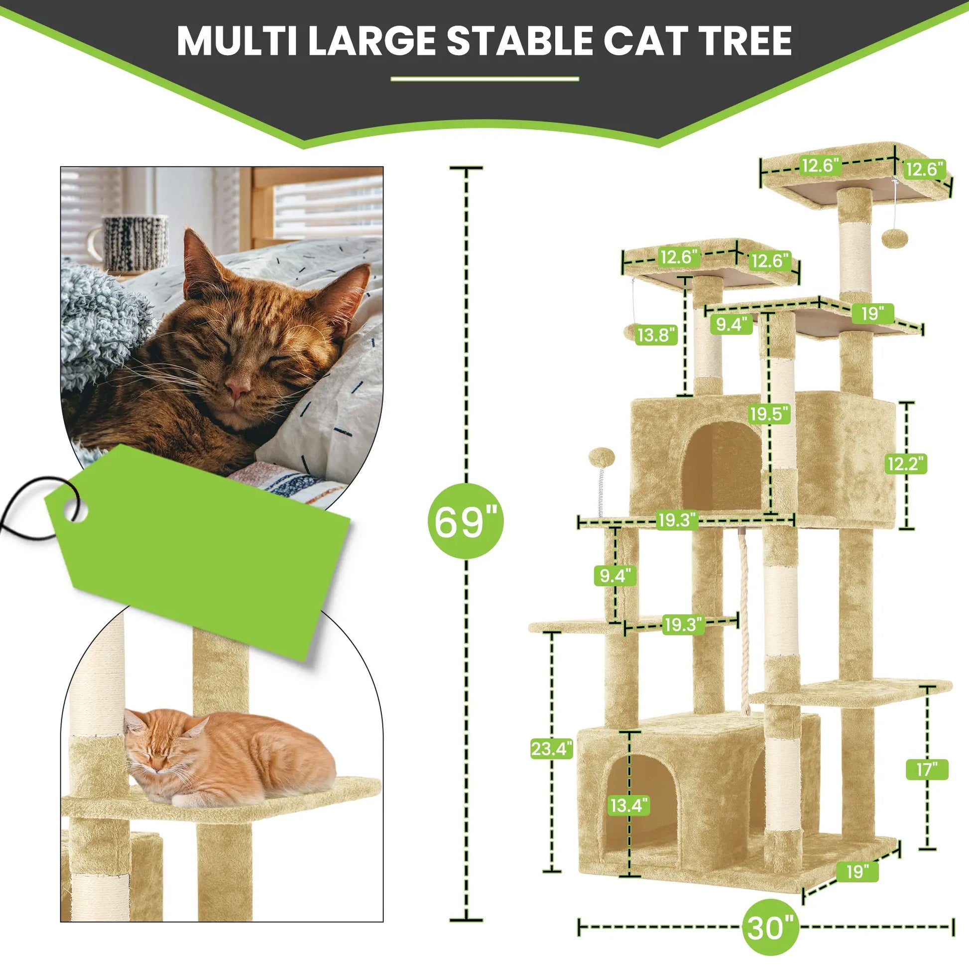 Wecharmer Indoor Cat Tree Tower with Plush Condo, Scratching Posts, and Hanging Ball - Ideal Pet Furniture with Green Leaf Design