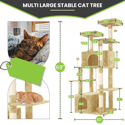 Wecharmer Indoor Cat Tree Tower with Plush Condo, Scratching Posts, and Hanging Ball - Ideal Pet Furniture with Green Leaf Design