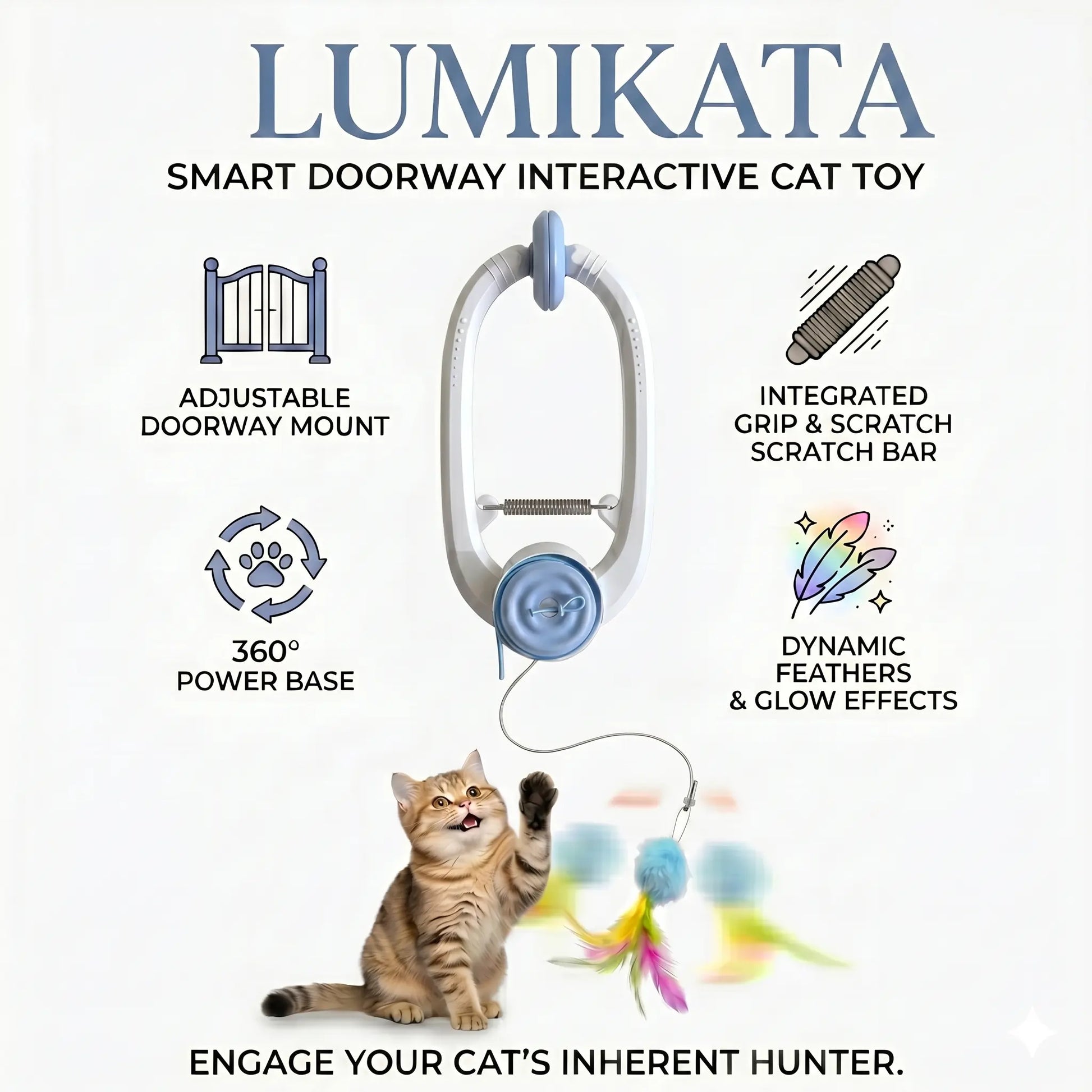 Interactive Cat Toys for Indoor Cats, Automatic Electric Flying Bird Feather Wand Toy, Best Kitten & Adult Cat Enrichment Toy Hanging Electric Kitty Toys for Bored Cats, Light Blue