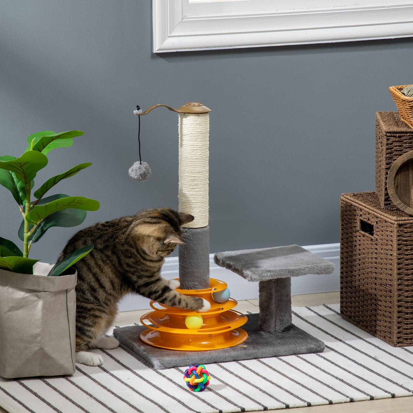 Delightful Grey Indoor Activity Centre with Scratching Post and Play Balls for Cats - 56Cm