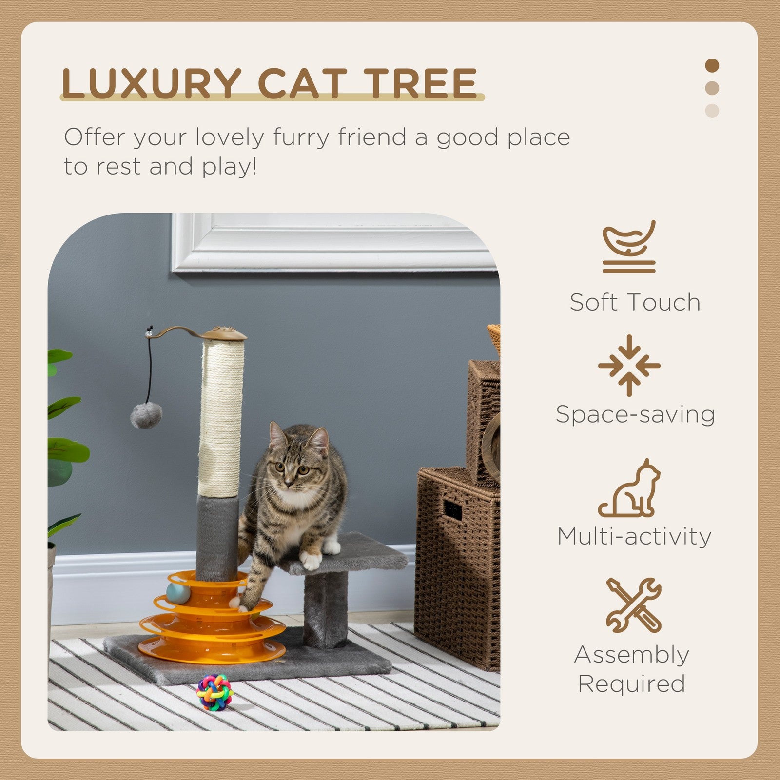 Delightful Grey Indoor Activity Centre with Scratching Post and Play Balls for Cats - 56Cm
