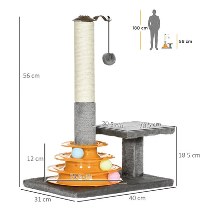Delightful Grey Indoor Activity Centre with Scratching Post and Play Balls for Cats - 56Cm