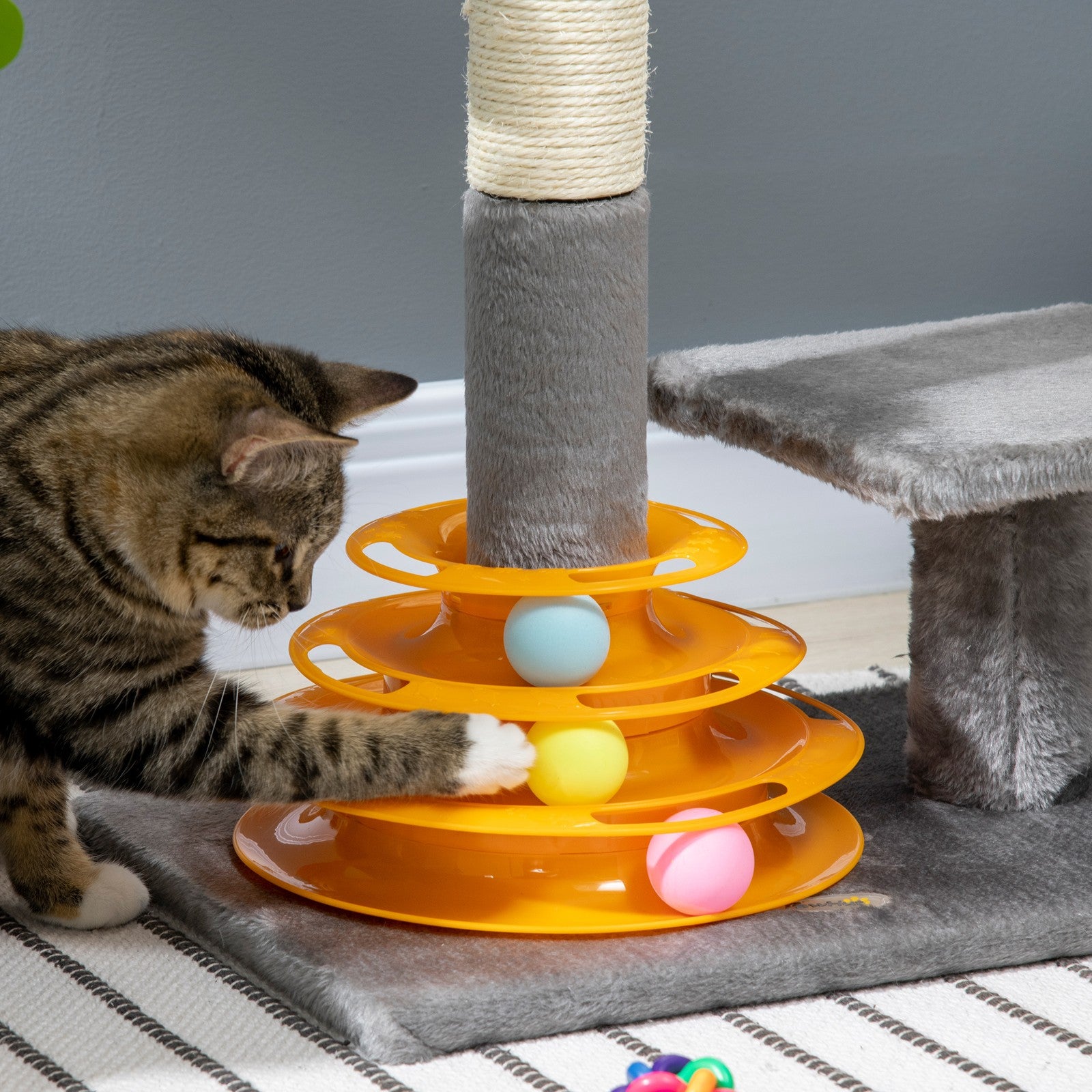 Delightful Grey Indoor Activity Centre with Scratching Post and Play Balls for Cats - 56Cm